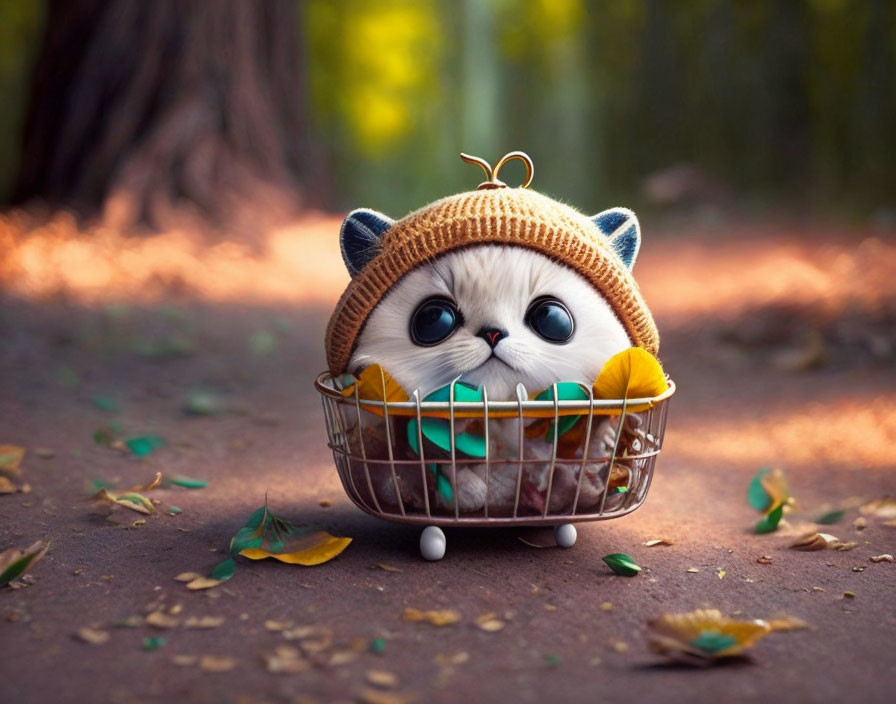 Adorable Cat in Knitted Hat Sitting in Shopping Cart among Fallen Leaves