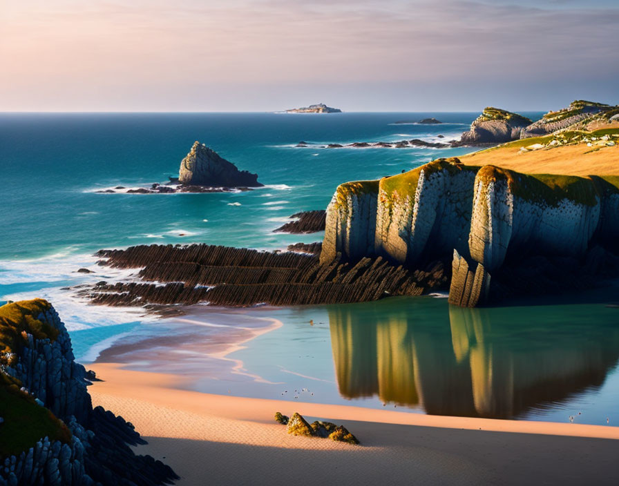 Tranquil Coastal Sunset with Rocky Cliffs and Sandy Beach