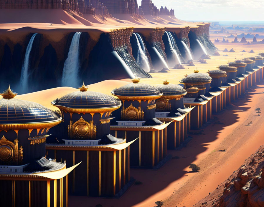 Futuristic desert cityscape with golden domes and waterfalls