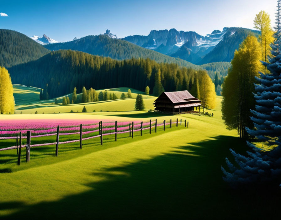 Rustic wooden hut in lush green landscape with purple flowers and mountains