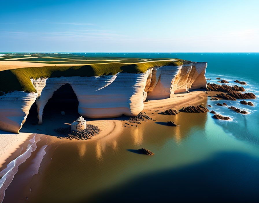 Layered cliffs, sandy beach, and blue sea in coastal landscape