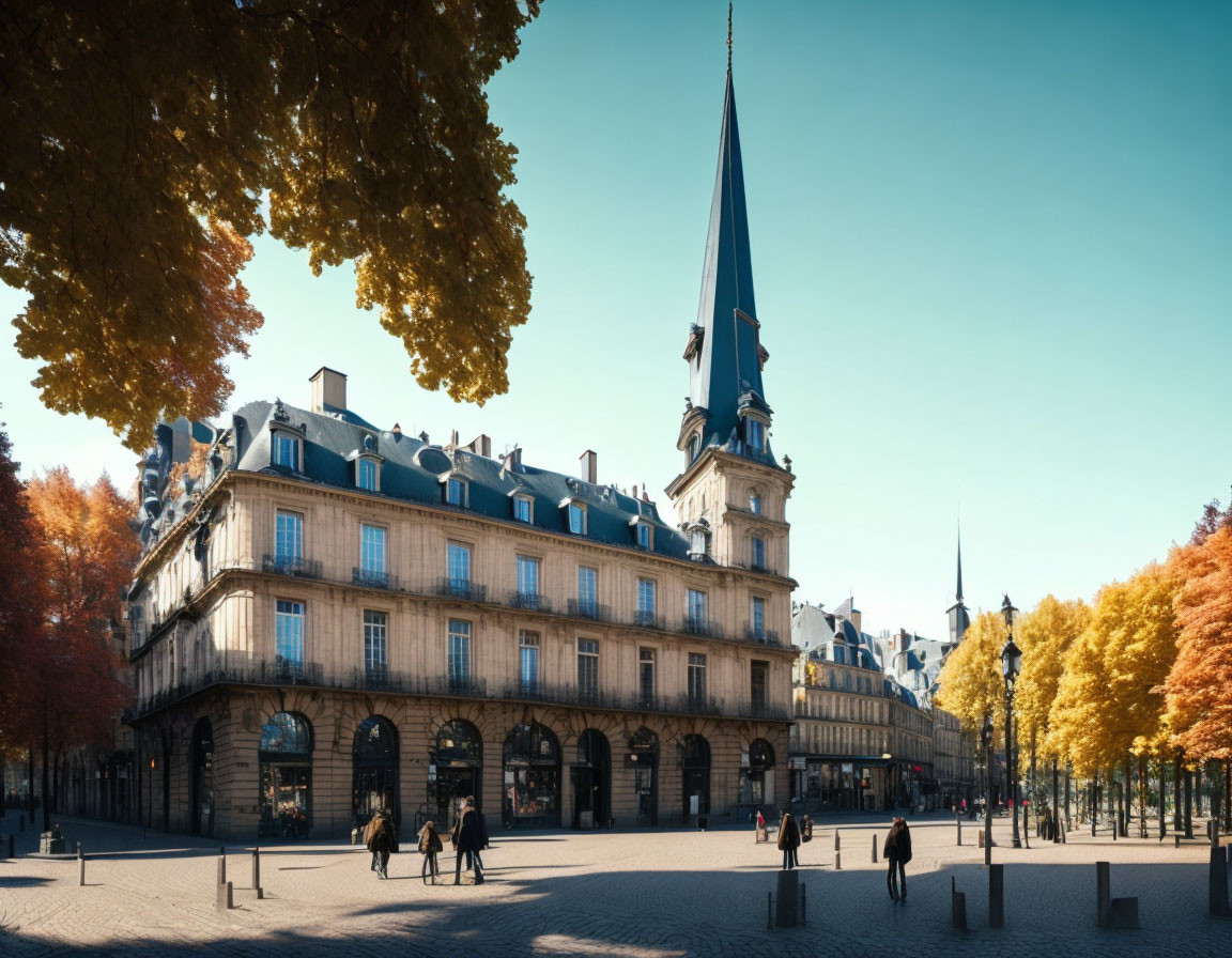 Elegant European building with spire in autumn setting