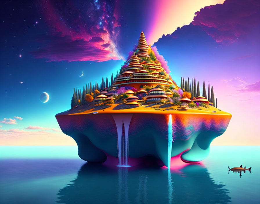 Vibrant floating island with waterfalls under purple sky and flying creature