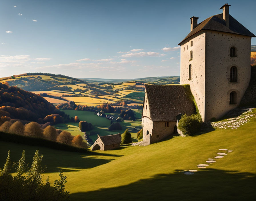 Stone tower and small building in scenic landscape of rolling hills and green fields