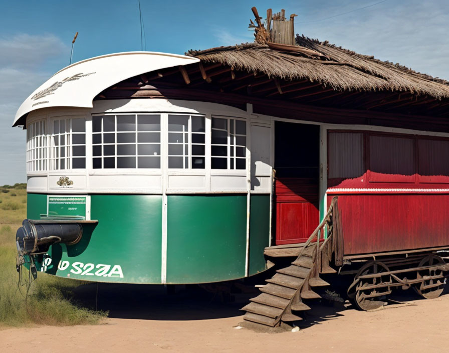 Repurposed Vintage Green and White Train Carriage with Thatched Awning