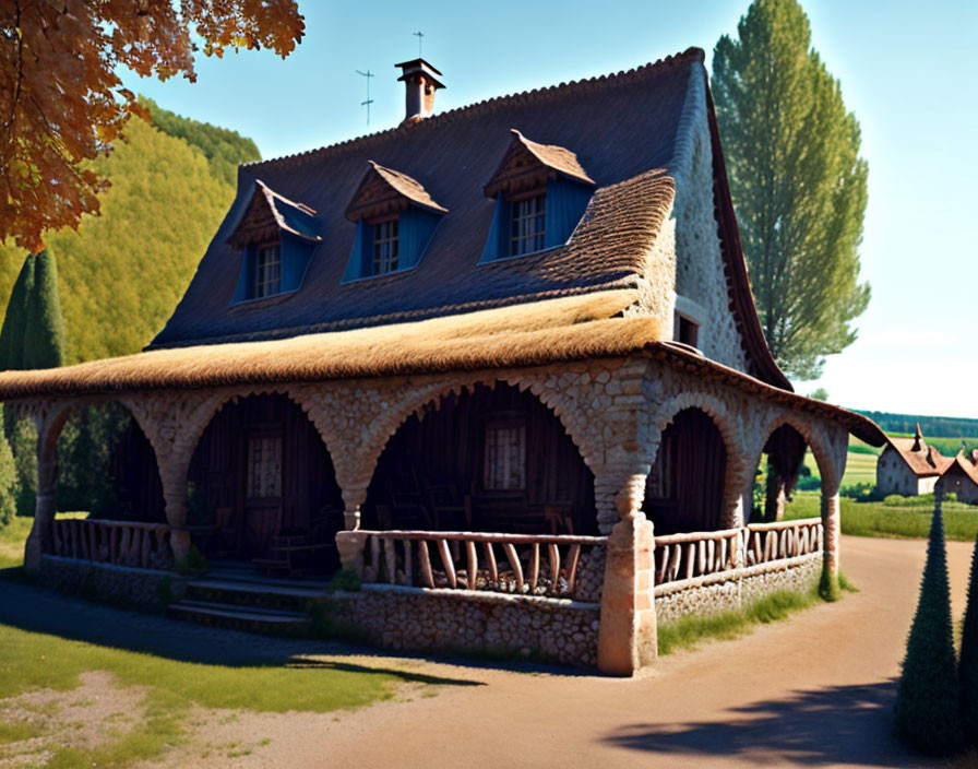 Stone cottage with thatched roof in lush landscape