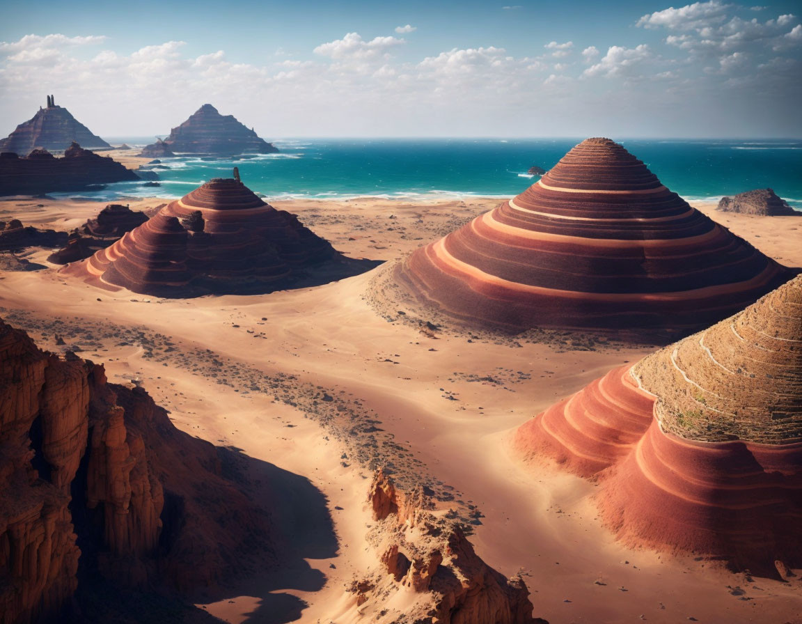 Sandstone Conical Formations in Desert Landscape by Tranquil Blue Sea