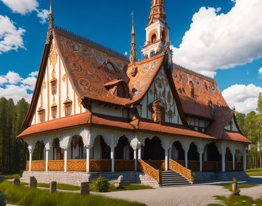 Intricate Wooden Church with Towering Spire and Blue Sky