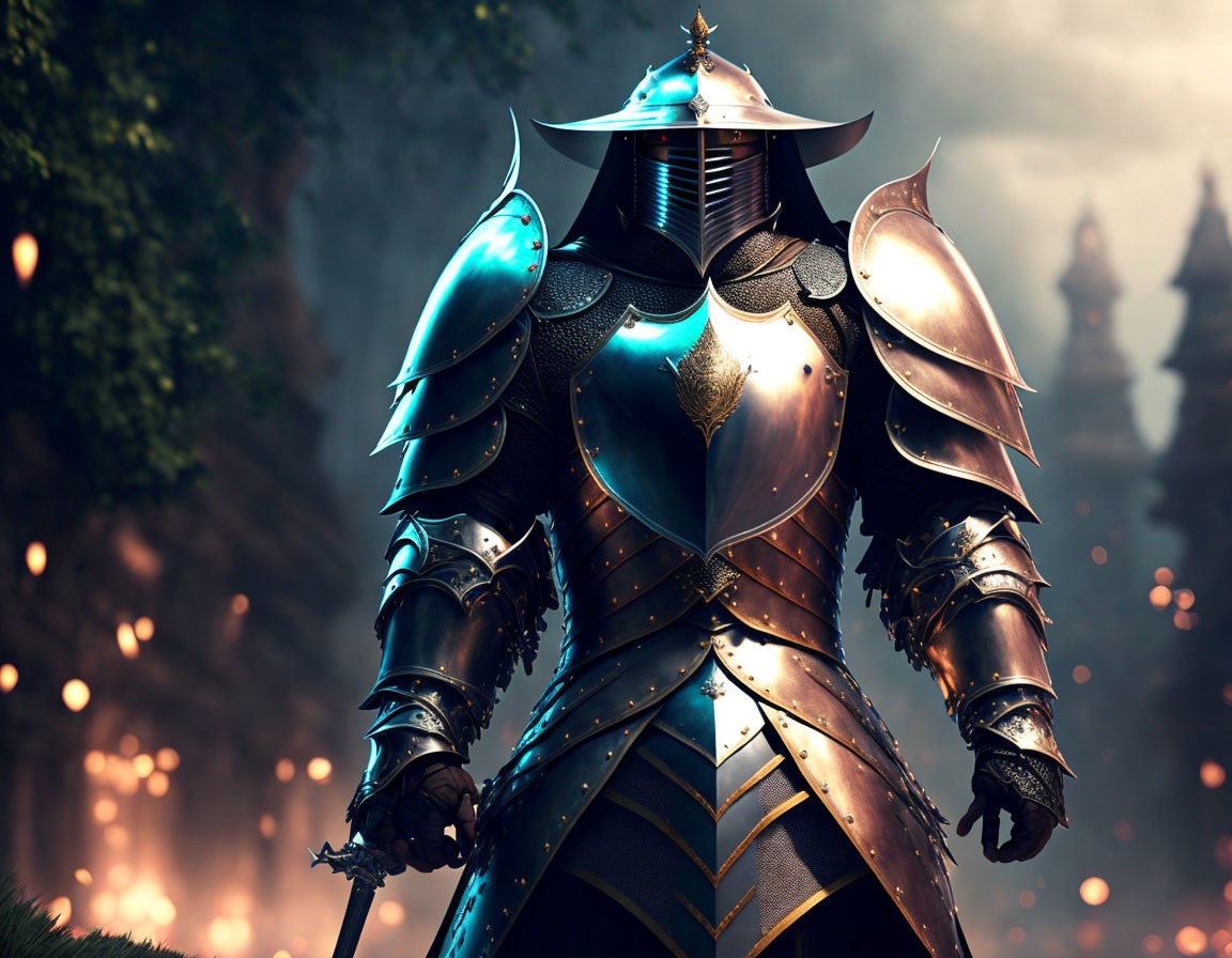 Knight in shining armor with sword in mystical forest setting