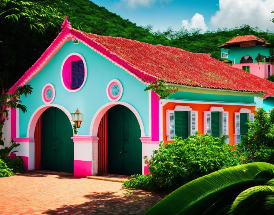 Colorful turquoise house with pink trim and red-tiled roof amidst green shutters, surrounded by lush