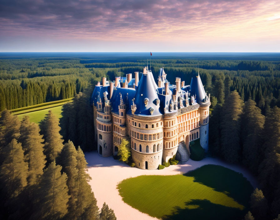 Majestic fairy-tale castle with blue rooftops in forest sunset