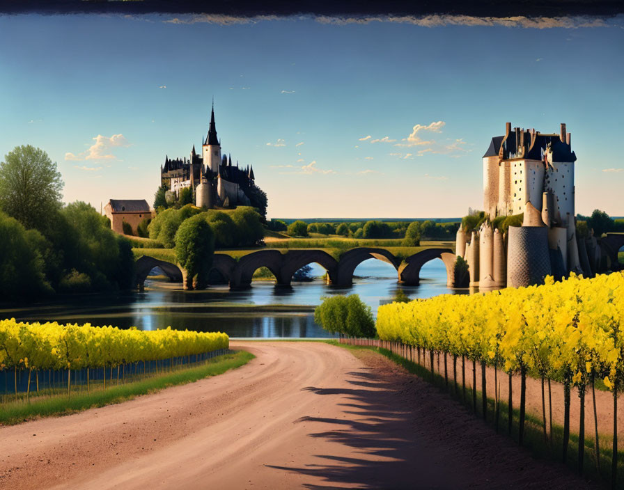 Castle with spires overlooking river and arched bridge in scenic landscape.