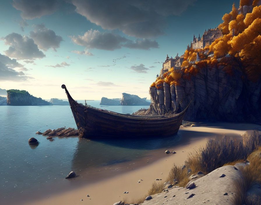 Wooden boat on sandy shore near cliff with castle, autumn trees, and dusk sky