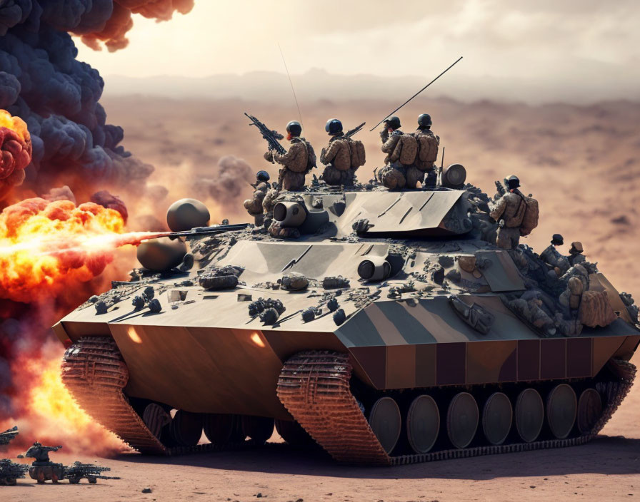 Military tank and crew in desert with smoke and explosions.