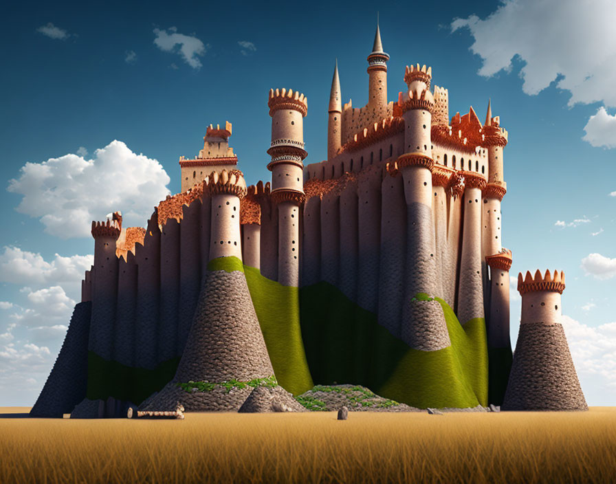 Majestic castle with turrets and battlements on grassy hill