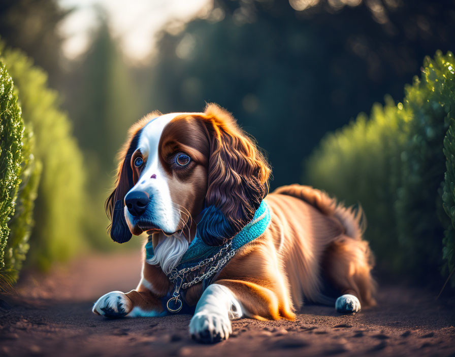 Tricolor dog with blue collar on dirt path surrounded by green bushes