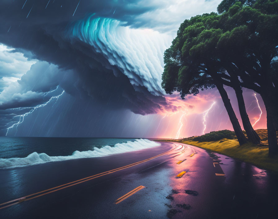 Stormy Coastal Scene: Lightning, Swirling Clouds, and Bending Trees