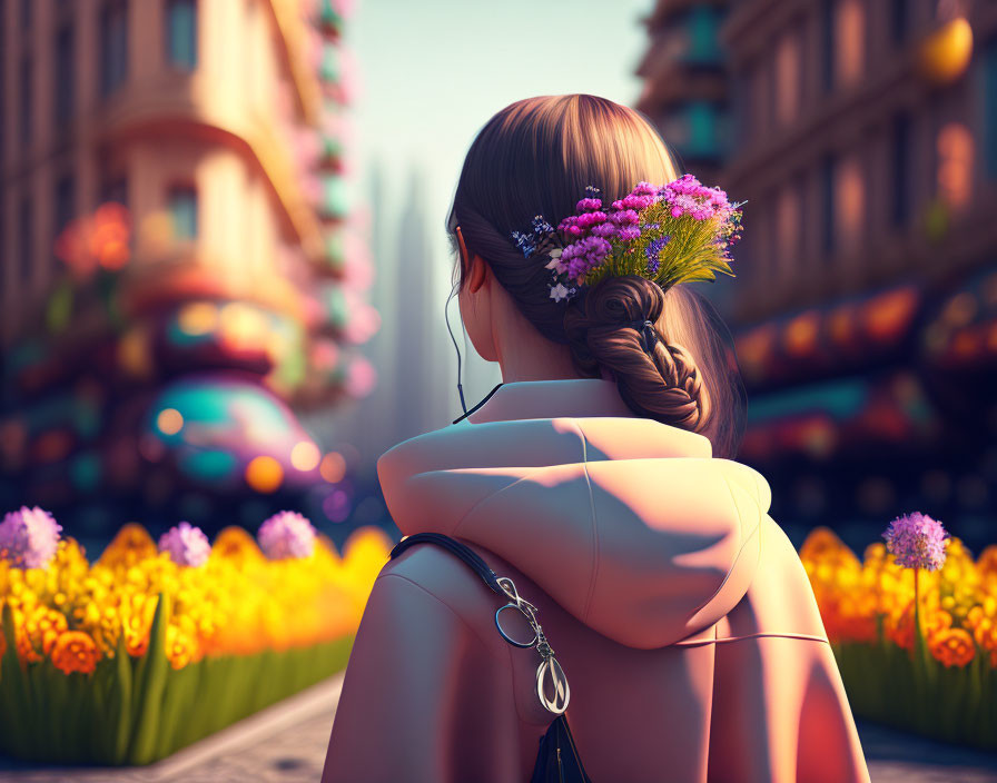 Woman with braid and flowers overlooking colorful street