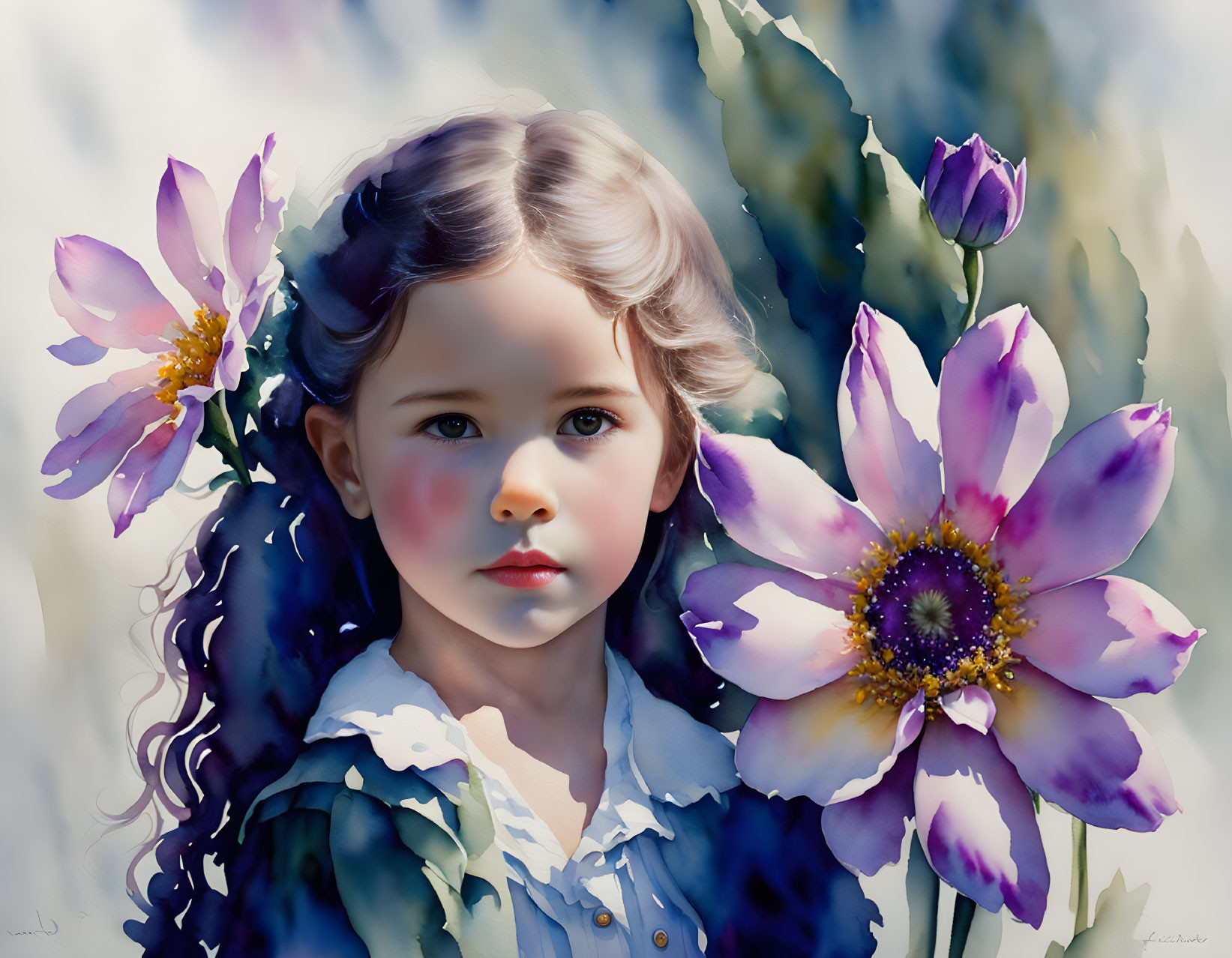 Young girl with rosy cheeks and curly hair in a field of vibrant purple flowers