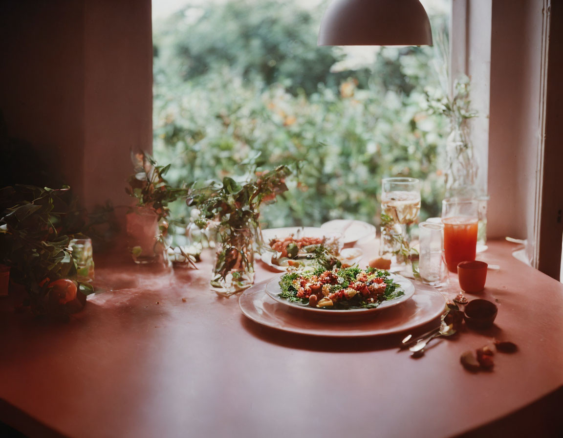 Cozy meal setting with salad, juice, and plants by window