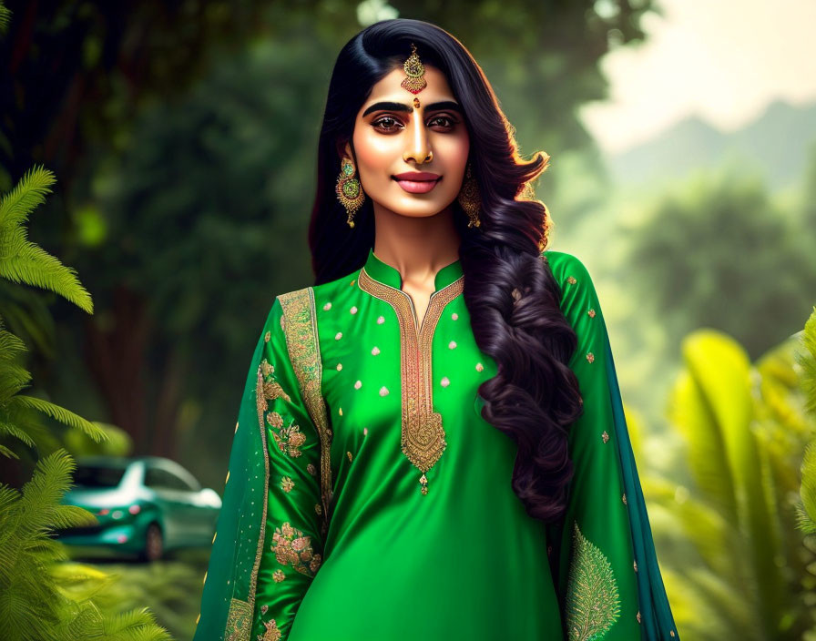 Traditional Indian woman in green outfit with gold designs and jewelry against lush backdrop