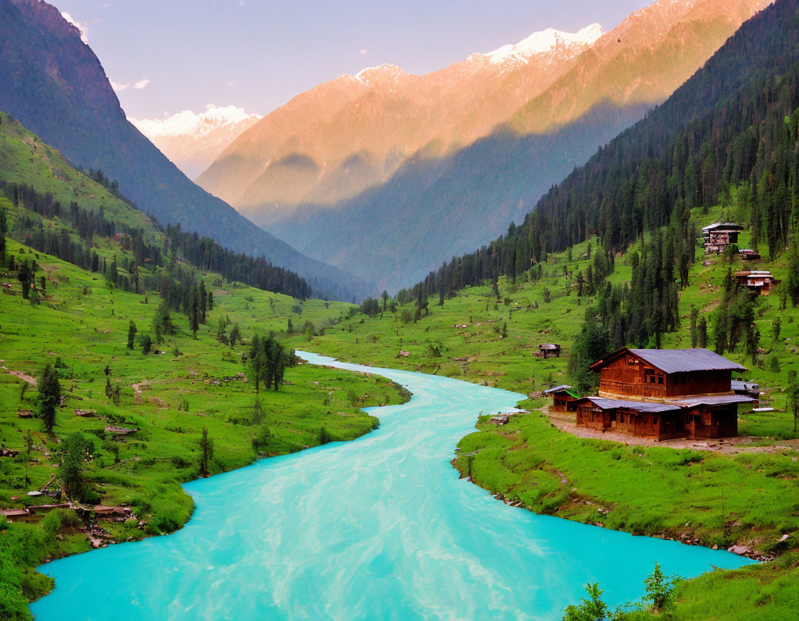 Scenic alpine landscape with turquoise river, cabin, and snow-capped mountains