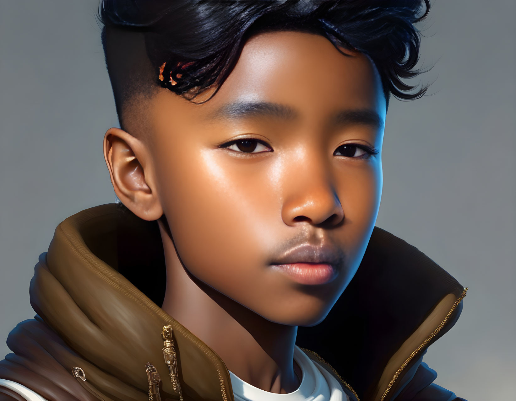 Stylish young person in brown jacket against neutral backdrop