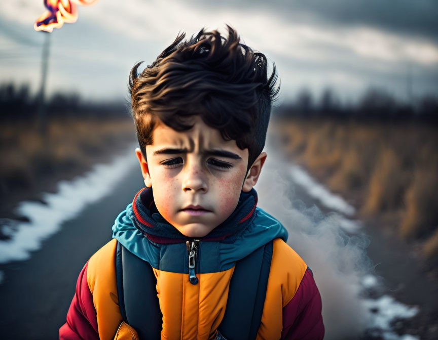 Pensive young boy in colorful attire against rural dusk backdrop