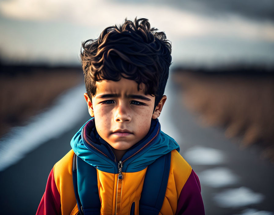 Curly-Haired Boy in Colorful Jacket on Road with Sunlight and Clouds