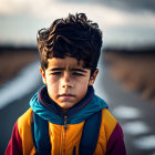 Pensive young boy in colorful attire against rural dusk backdrop