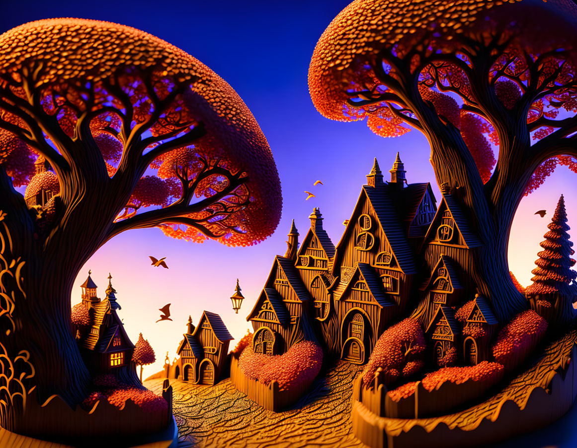 Fantasy dusk landscape with stylized trees, Gothic buildings, and birds in gradient sky