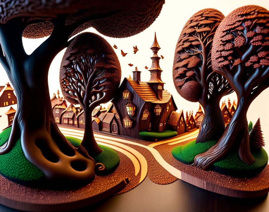 Whimsical 3D illustration of a village with stylized trees and brown houses