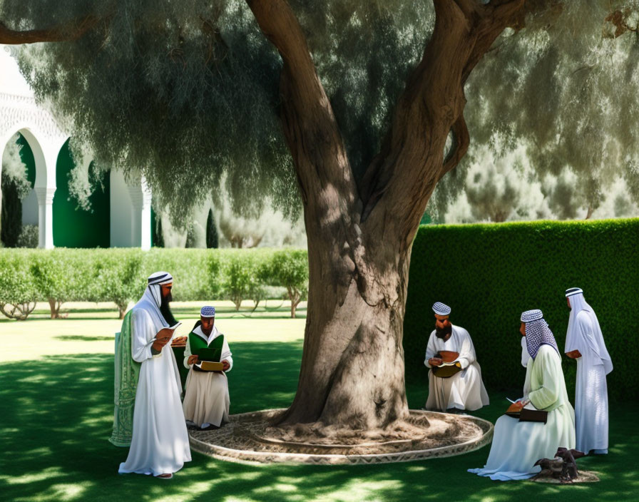 Traditional Emirati attire gathering under tree in lush garden