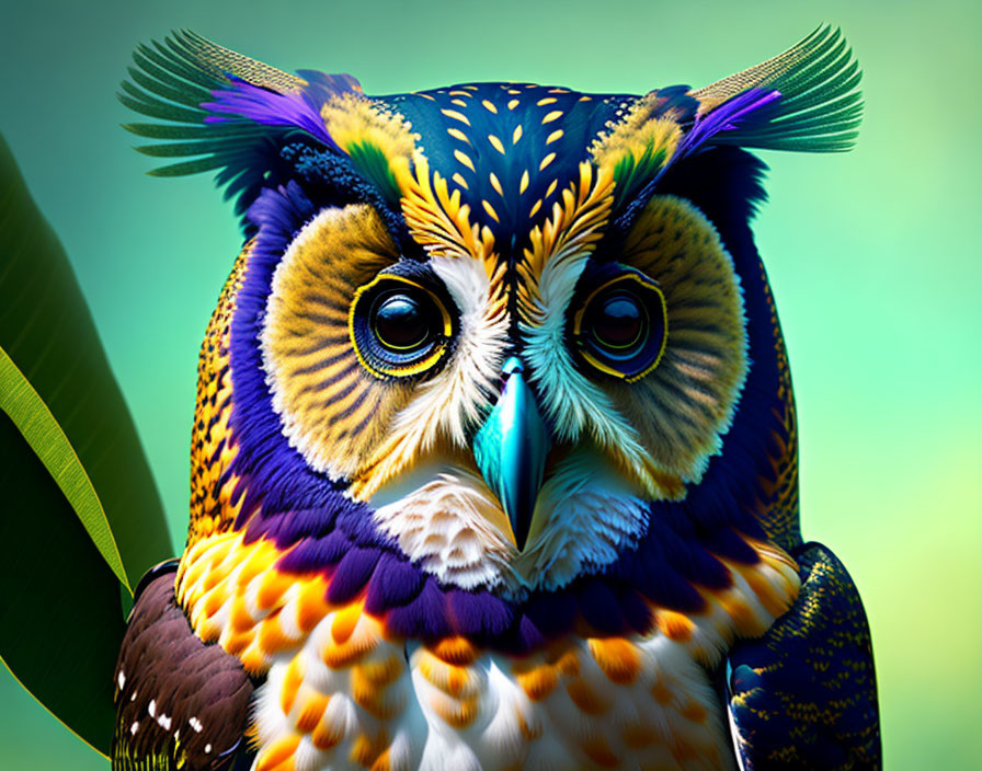 Vibrant owl digital artwork with intricate patterns in blues, oranges, and yellows