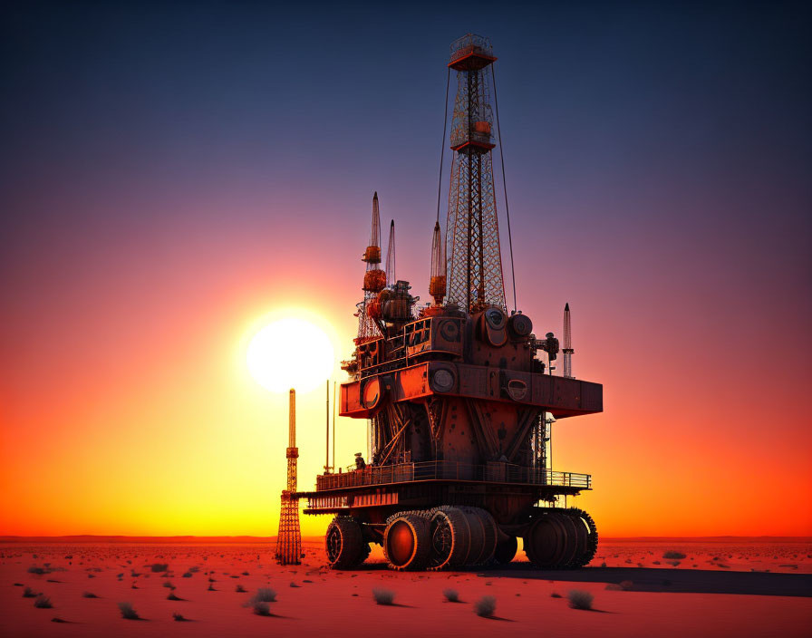 Silhouetted mobile drilling rig in desert sunset