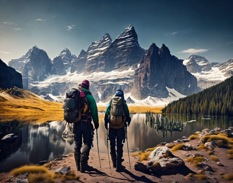 Hikers with backpacks near snow-capped mountains and alpine lake