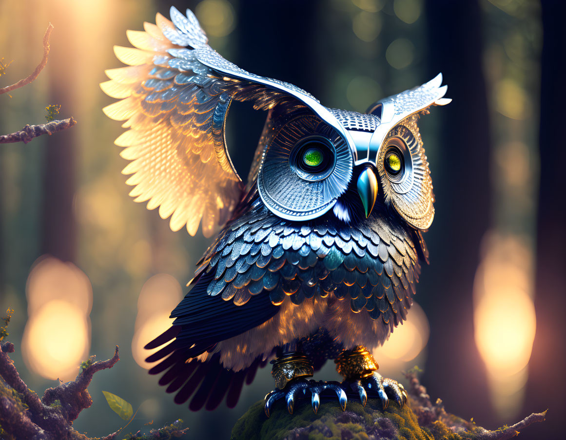 Metal owl sculpture on branch in mystical forest with sunbeams