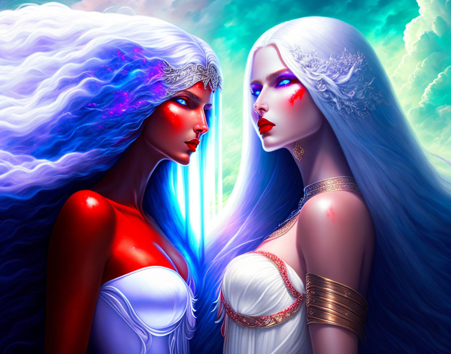 Ethereal women with red and blue motifs in cosmic fantasy setting