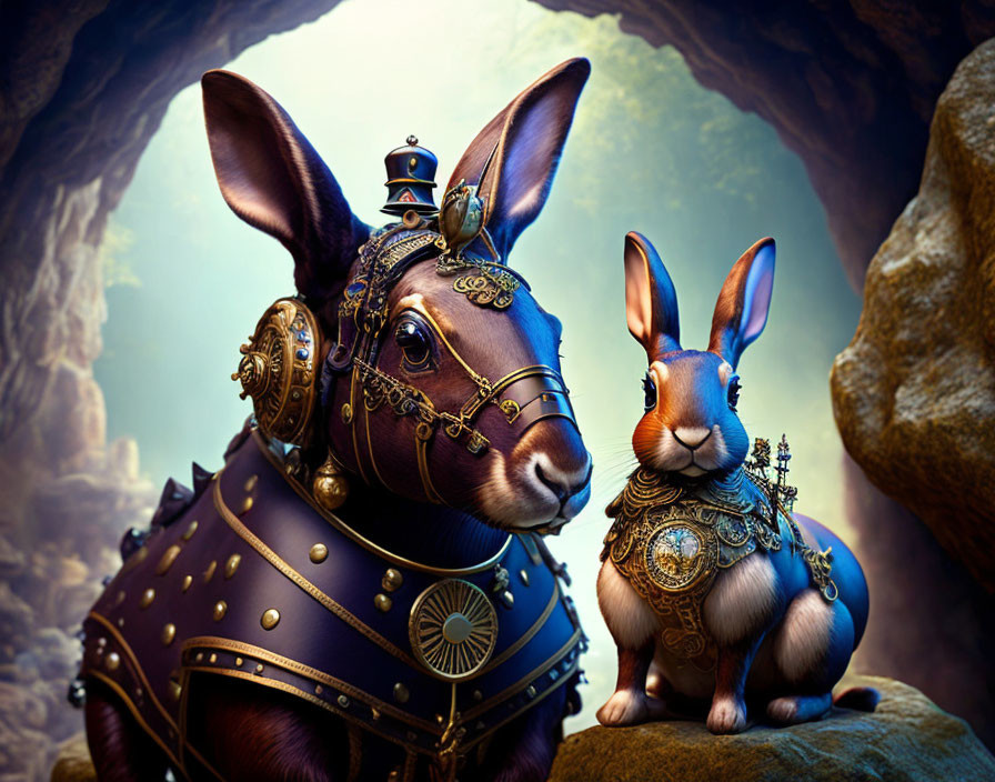 Intricately designed steampunk-style rabbits in rocky cave