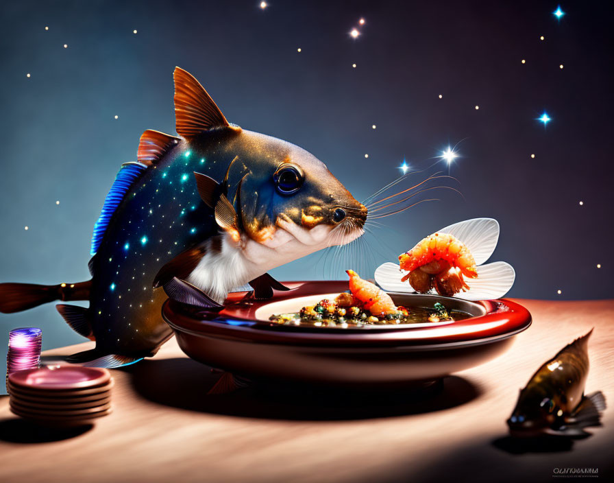 Anthropomorphic fish dining with shrimp waiter in whimsical scene