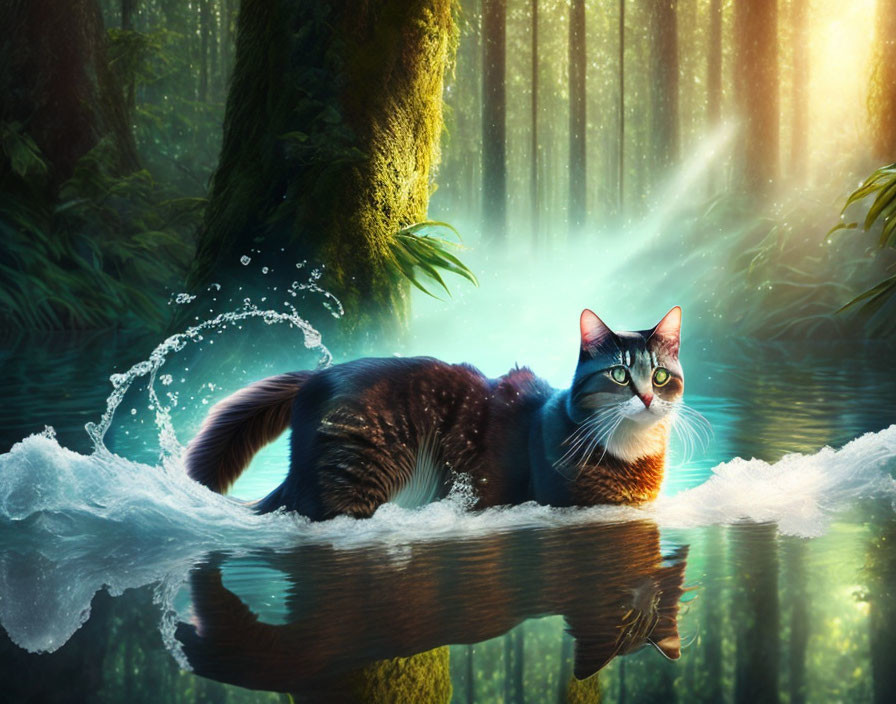 Green-eyed cat posing on submerged log in mystical forest with ethereal sunlight.