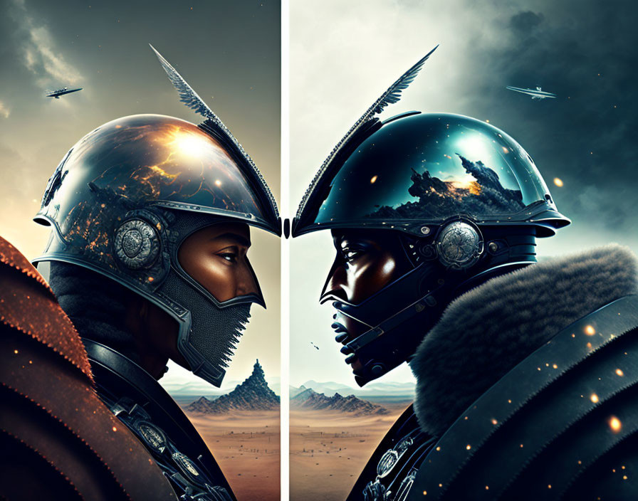 Futuristic helmet with mirrored visor reflects desert landscape and spacecraft