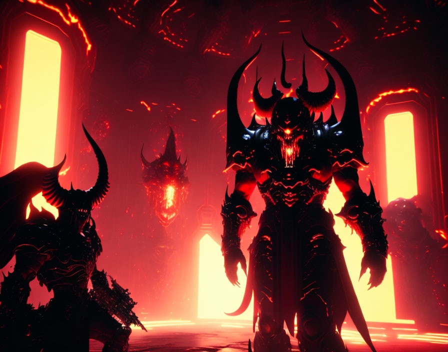 Dark armored figure with horns in red room with sinister figures