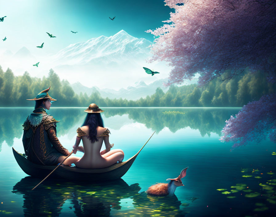 Historical attire figures rowboat on tranquil lake with blossoming trees, mountains, and rabbit.