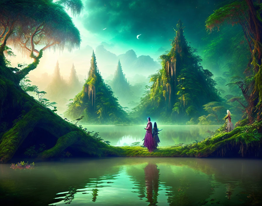 Lush greenery, misty mountains, serene lake, figures in robes