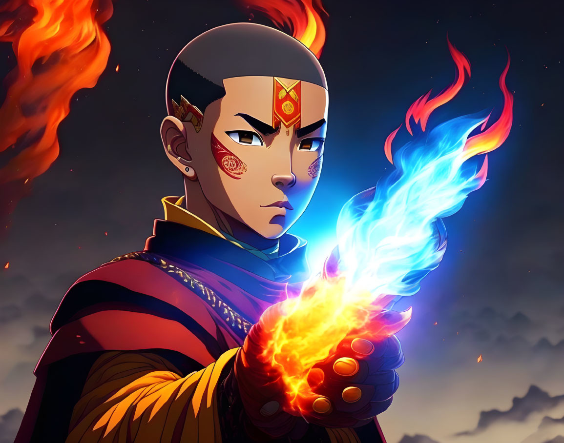 Shaved head character with red arrow tattoo controls blue flame against night sky