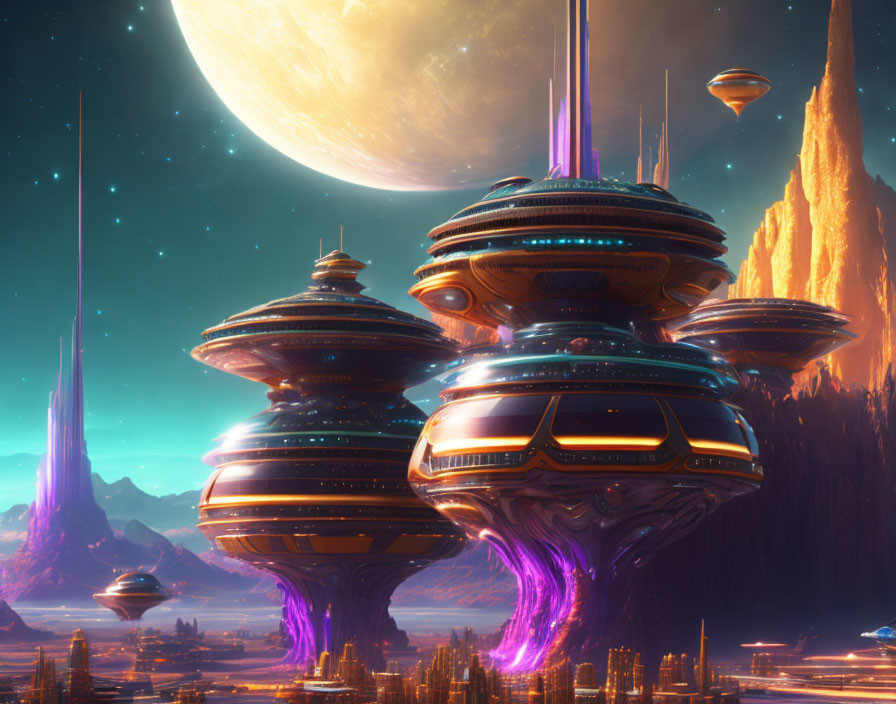 Futuristic sci-fi landscape with moon, buildings, and floating structures
