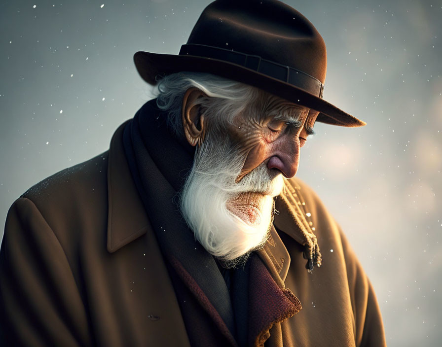 Elderly man in white beard and hat standing in snowfall