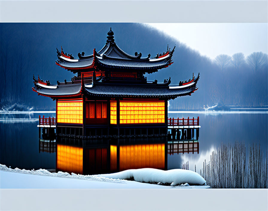 Nighttime Asian pagoda with reflection on water, snow, and trees.