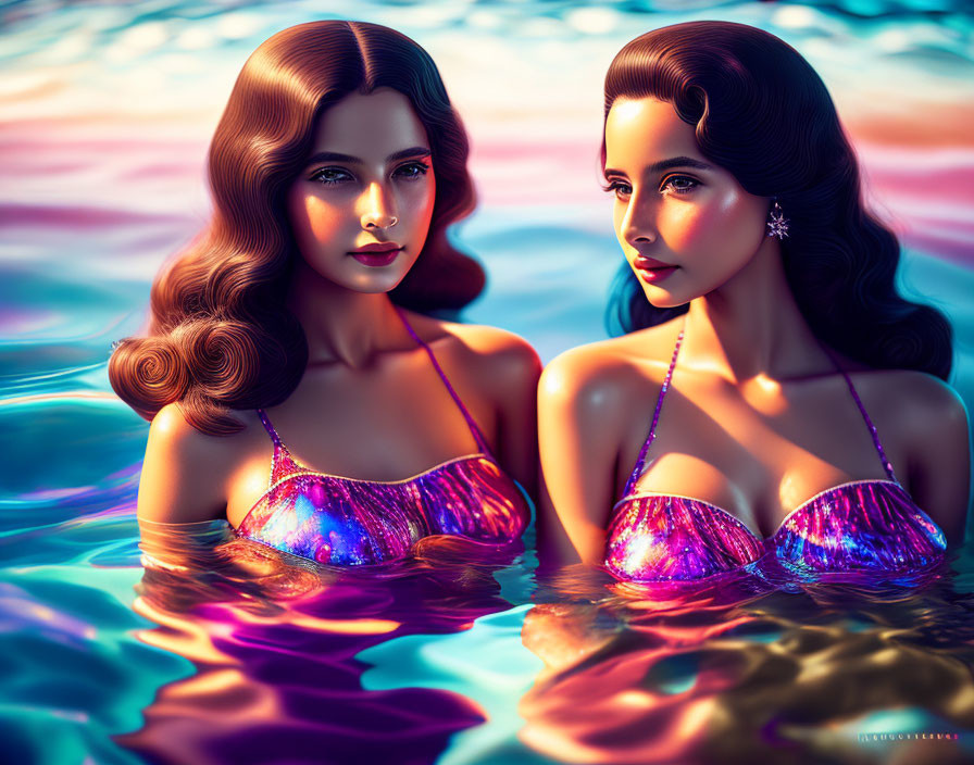 Vintage Hairstyle Women in Purple Swimsuits Submerged in Water